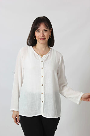 BB-0269 KETEN KOLU APOLETLİ SIFIR YAKA BÜYÜK BEDEN BEYAZ GÖMLEK 