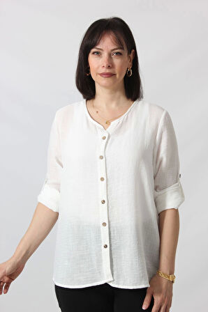 BB-0269 KETEN KOLU APOLETLİ SIFIR YAKA BÜYÜK BEDEN BEYAZ GÖMLEK 