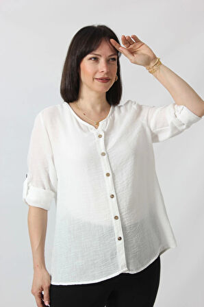 BB-0269 KETEN KOLU APOLETLİ SIFIR YAKA BÜYÜK BEDEN BEYAZ GÖMLEK 