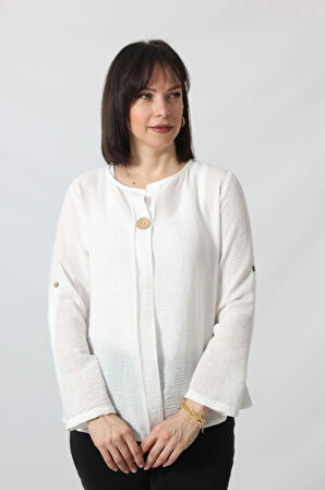 B-0273 KOLU APOLETLİ YAKASI DÜĞME AKSESUARLI GİZLİ PİLELİ KETEN KADIN BÜYÜK BEDEN BEYAZ BLUZ 