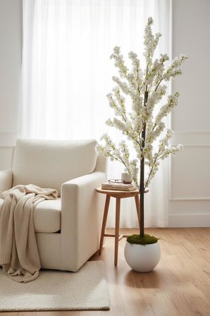 Yapay Ağaç Bahardalı Ağacı Beyaz Küre Saksıda Japon Kiraz Çiçeği Beyaz Renkli 170*60cm
