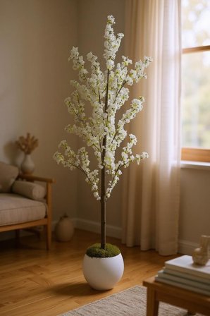 Yapay Ağaç Bahardalı Ağacı Beyaz Küre Saksıda Japon Kiraz Çiçeği Beyaz Renkli 170*60cm