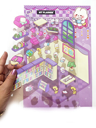 Kütüphane izometrik Sticker Yapım Seti 3d Etiket Yapışkanlı Çıkartma - Tavşan (No:01)