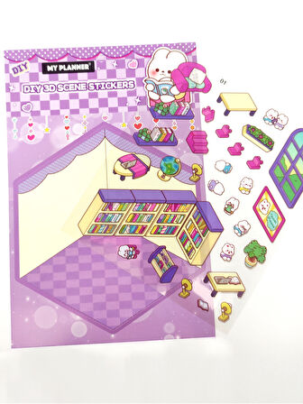 Kütüphane izometrik Sticker Yapım Seti 3d Etiket Yapışkanlı Çıkartma - Tavşan (No:01)
