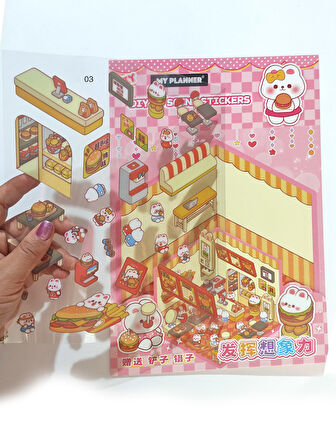 Hamburger Dükkanı izometrik Sticker Yapım Seti 3d Etiket Yapışkanlı Çıkartma - Tavşan (No:03)