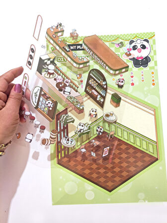 Kafe Dükkan izometrik Sticker Yapım Seti 3d Etiket Yapışkanlı Çıkartma - Panda (No:05)