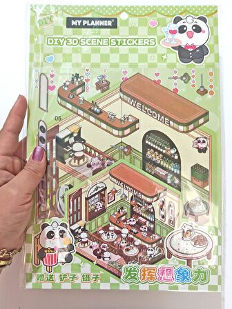 Kafe Dükkan izometrik Sticker Yapım Seti 3d Etiket Yapışkanlı Çıkartma - Panda (No:05)