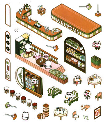 Kafe Dükkan izometrik Sticker Yapım Seti 3d Etiket Yapışkanlı Çıkartma - Panda (No:05)