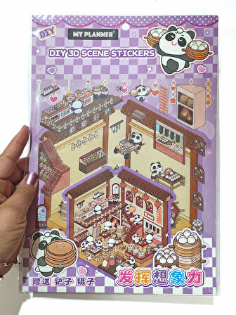 Otantik Restoran izometrik Sticker Yapım Seti 3d Etiket Yapışkanlı Çıkartma - Panda (No:06)
