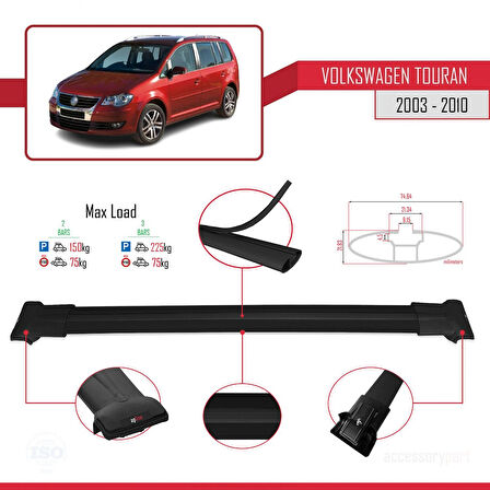 Volkswagen Touran (1T) Pre-Facelift 2003-2010 Arası ile Uyumlu FLY Model Ara Atkı Tavan Barı Siyah 2 Adet