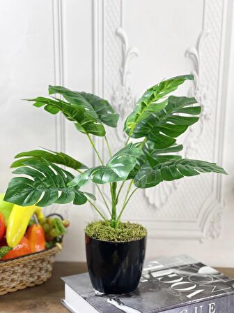 Yapay Çiçek Monstera 9 Dal Siyah Plastik Saksılı Deve Tabanı Dekoratif Süs Çiçeği