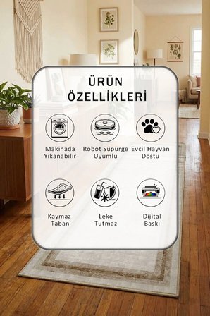 Yıkanabilir Kaymaz Taban Dijital Baskılı Yolluk Halı Açık Gri
