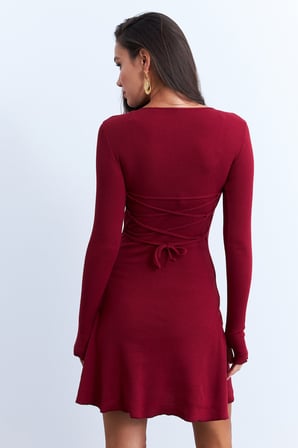Kadın Bordo Bağlamalı Kaşkorse Mini Elbise FRY2175