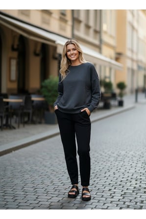 Kadın Siyah 2 İplik Oversİze Basic Bisiklet Yaka Sweatshirt NJ16