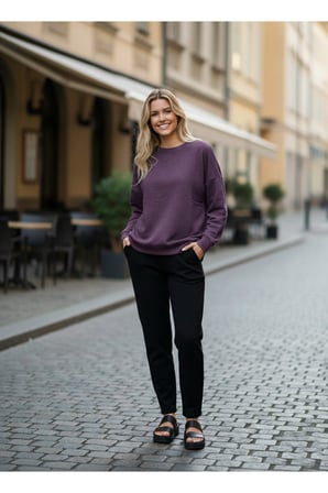 Kadın Siyah 2 İplik Oversİze Basic Bisiklet Yaka Sweatshirt NJ16