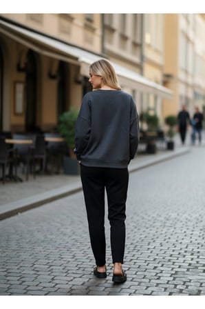Kadın Siyah 2 İplik Oversİze Basic Bisiklet Yaka Sweatshirt NJ16