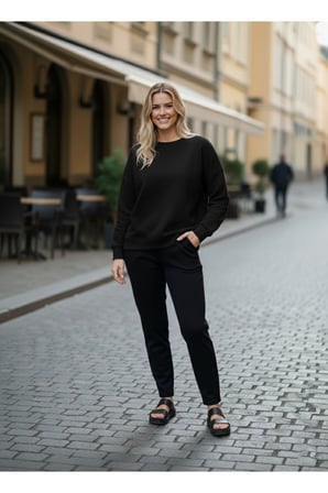 Kadın Siyah 2 İplik Oversİze Basic Bisiklet Yaka Sweatshirt NJ16