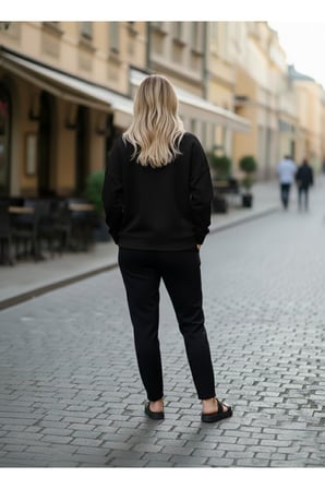 Kadın Siyah 2 İplik Oversİze Basic Bisiklet Yaka Sweatshirt NJ16