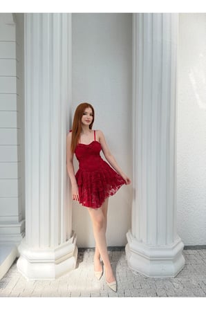 Kadın Pembe Dantelli Mini Elbise DCF060