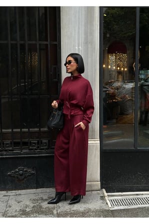 Kadın Bordo Bel Kemerli Pensli Pantolon-Ceket Takım YEL221767