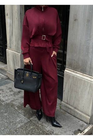 Kadın Bordo Bel Kemerli Pensli Pantolon-Ceket Takım YEL221767