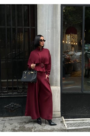 Kadın Bordo Bel Kemerli Pensli Pantolon-Ceket Takım YEL221767