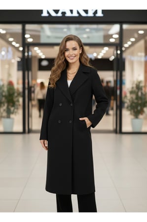 Kadın Siyah Oversize Uzun Kaşe Kaban PER9678