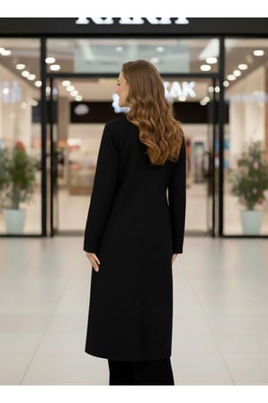Kadın Siyah Oversize Uzun Kaşe Kaban PER9678