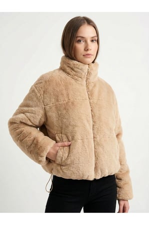 Kadın Camel Fleto Cepli Kapitone Peluş Mont AYR225