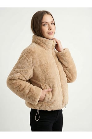Kadın Camel Fleto Cepli Kapitone Peluş Mont AYR225