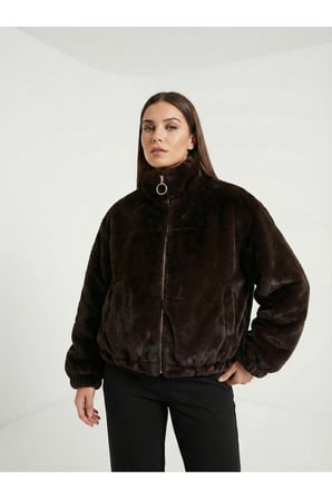 Kadın Acı Kahve Fleto Cepli Kapitone Peluş Mont AYR225