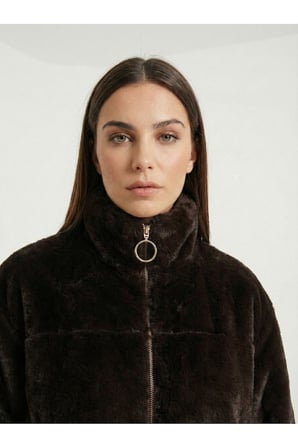 Kadın Acı Kahve Fleto Cepli Kapitone Peluş Mont AYR225