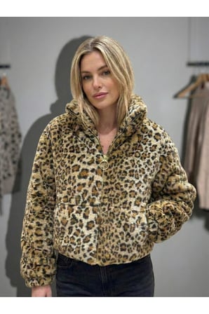 Kadın Camel-Siyah Leopar Fleto Cepli Kapitone Peluş Mont AYR266
