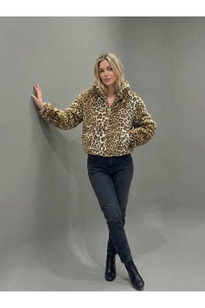 Kadın Camel-Siyah Leopar Fleto Cepli Kapitone Peluş Mont AYR266