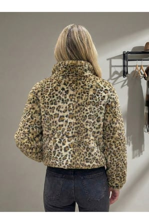 Kadın Camel-Siyah Leopar Fleto Cepli Kapitone Peluş Mont AYR266