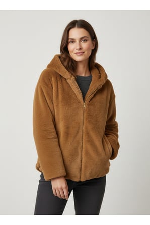 Kadın Camel Etek Ucu Lastikli Kapüşonlu Peluş Mont AYR1262