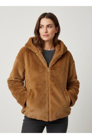 Kadın Camel Etek Ucu Lastikli Kapüşonlu Peluş Mont AYR1262