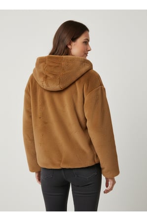 Kadın Camel Etek Ucu Lastikli Kapüşonlu Peluş Mont AYR1262