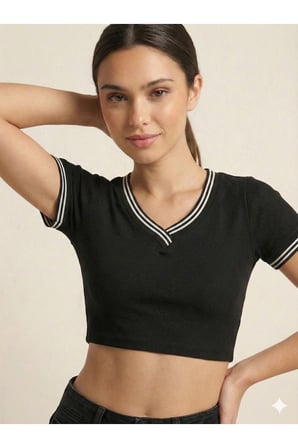 Kadın Siyah V Yaka Çizgili Kaşkorse Crop Bluz NJ51