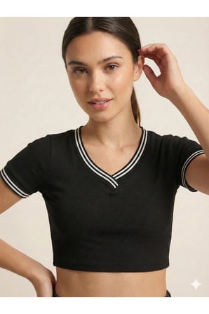 Kadın Siyah V Yaka Çizgili Kaşkorse Crop Bluz NJ51