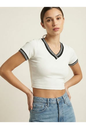 Kadın Siyah V Yaka Çizgili Kaşkorse Crop Bluz NJ51