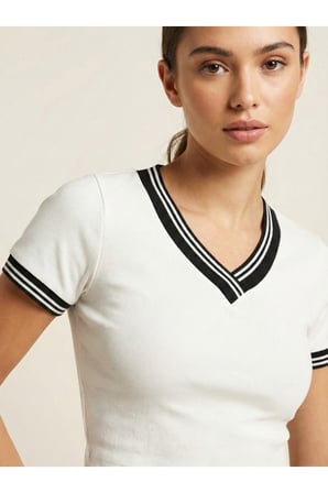 Kadın Siyah V Yaka Çizgili Kaşkorse Crop Bluz NJ51