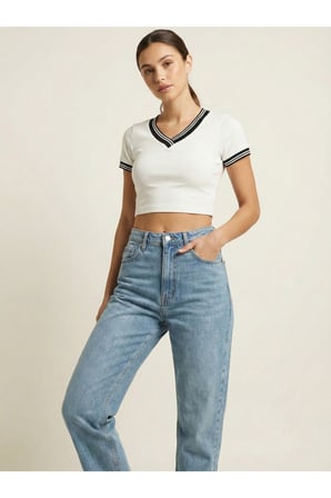 Kadın Siyah V Yaka Çizgili Kaşkorse Crop Bluz NJ51