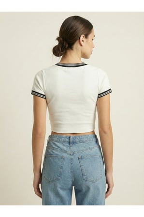 Kadın Siyah V Yaka Çizgili Kaşkorse Crop Bluz NJ51