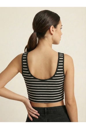 Kadın Siyah Çizgili Fermuarlı Crop Bluz NJ53