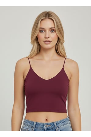 Kadın Siyah V Yaka İp Askılı Crop Bluz NJ58