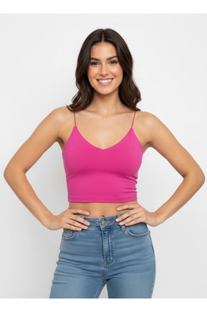 Kadın Siyah V Yaka İp Askılı Crop Bluz NJ58
