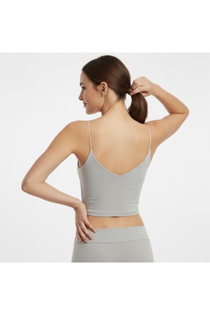 Kadın Siyah V Yaka İp Askılı Crop Bluz NJ58