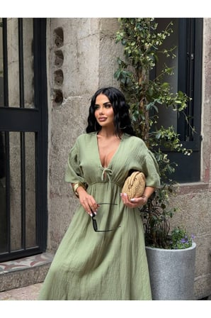 Kadın Pembe Karpuz Kol V Yaka Müslin Midi Elbise YEL221698