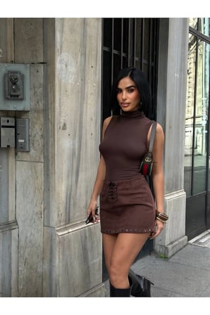 Kadın Kahverengi Kuş Gözü Detaylı Mini Süet Etek YEL221773